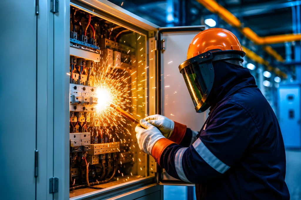Prevención de arco eléctrico en planta industrial con técnico utilizando equipo de protección frente a un tablero eléctrico