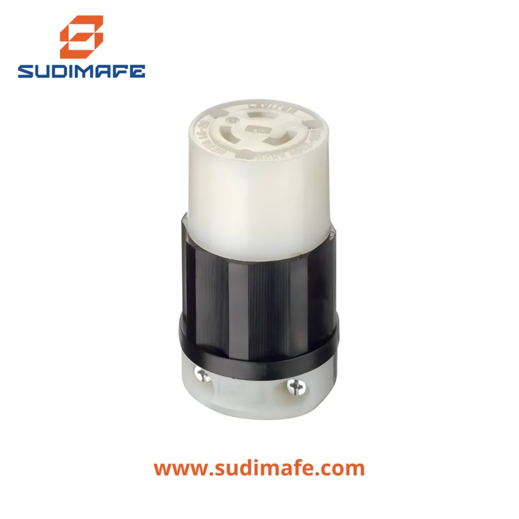 Conector 2x20A 250V L6 con seguro Leviton para conexiones eléctricas industriales