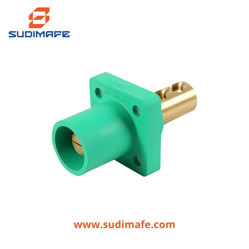 Enchufe empotrable Cam Type Male 400A 600V verde Leviton con conexión Cam Lock y 2 pernos.