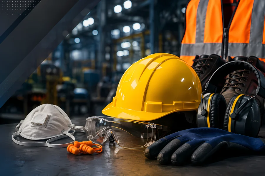Equipos de protección personal obligatorios para seguridad industrial: casco, lentes, guantes, respirador, protectores auditivos y calzado de seguridad.
