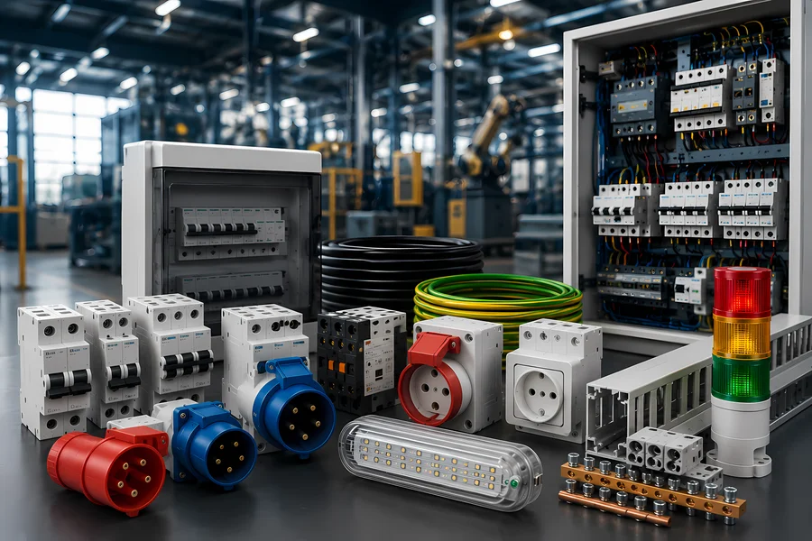 Productos eléctricos industriales indispensables para proyectos industriales con interruptores, enchufes, tableros eléctricos y material eléctrico profesional.
