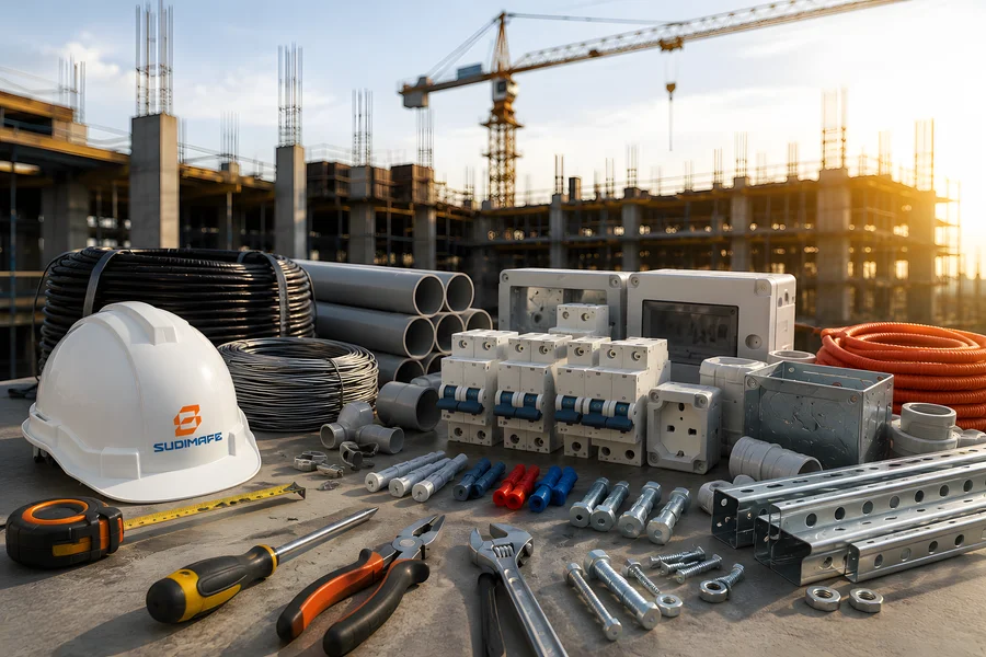 Materiales de ferretería, herramientas, cables y componentes eléctricos esenciales para una obra de construcción.