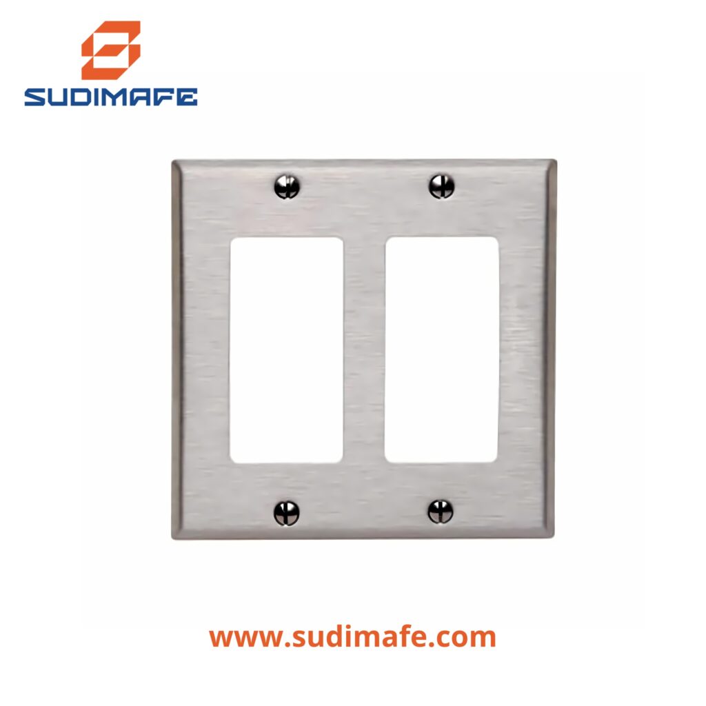 Placa Doble Decora de Acero 4x4 Leviton para cajas eléctricas de 4 pulgadas compatible con dispositivos tipo Decora.