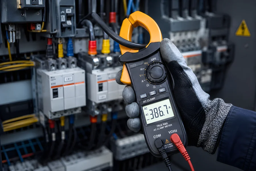 Pinza amperimétrica industrial realizando medición de corriente en tablero eléctrico
