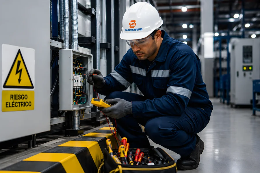 Seguridad eléctrica en la industria con equipos de protección y tablero eléctrico industrial
