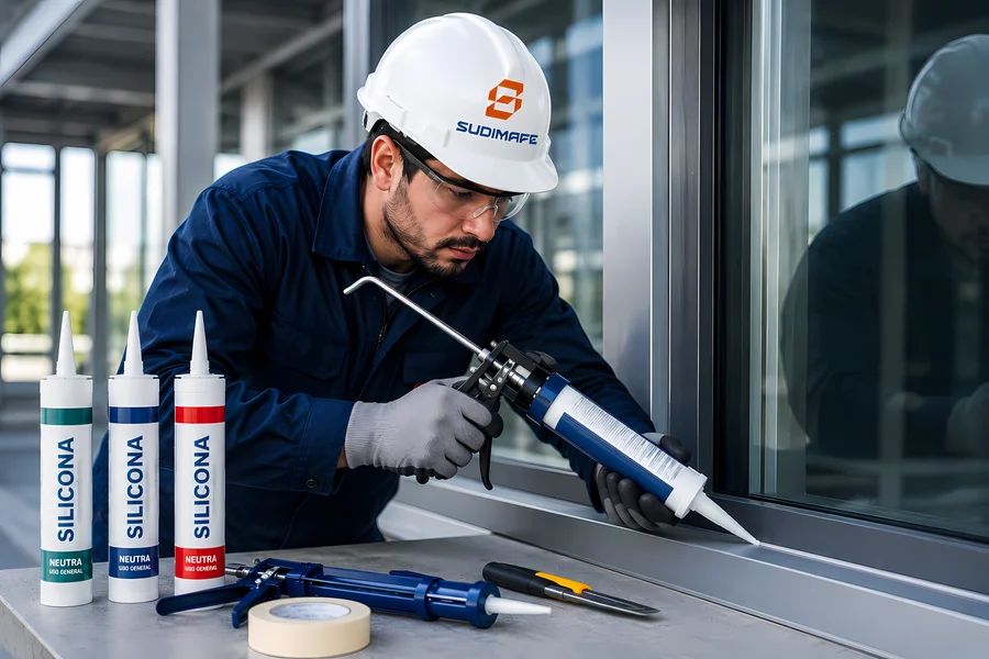 Aplicación profesional de sellador de silicona en una junta de aluminio durante una instalación industrial.