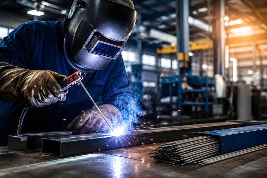Soldador realizando soldadura industrial con electrodo sobre estructura metálica