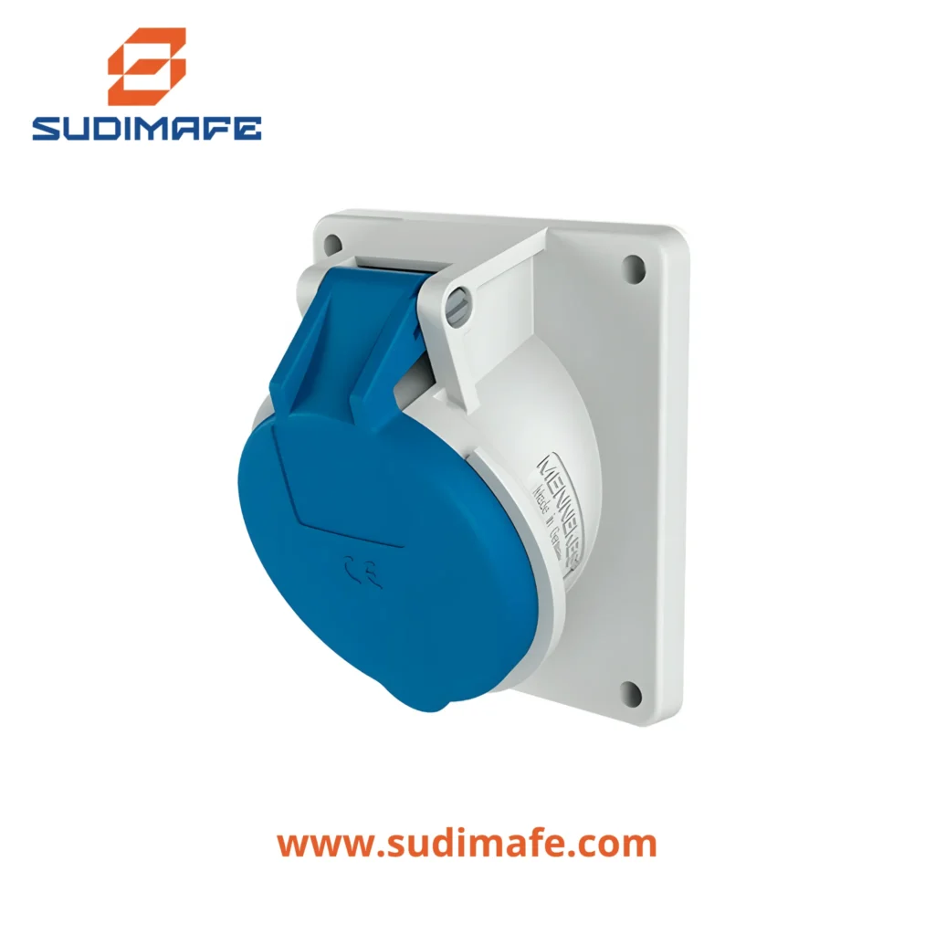 Toma empotrable 32A 3P+T 250V Mennekes azul 9H IP44 inclinada.