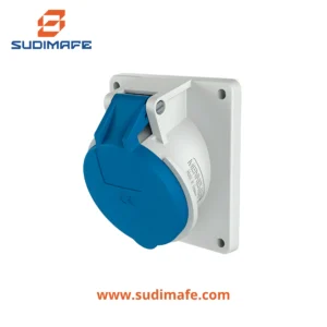 Toma empotrable 32A 3P+T 250V Mennekes azul 9H IP44 inclinada.