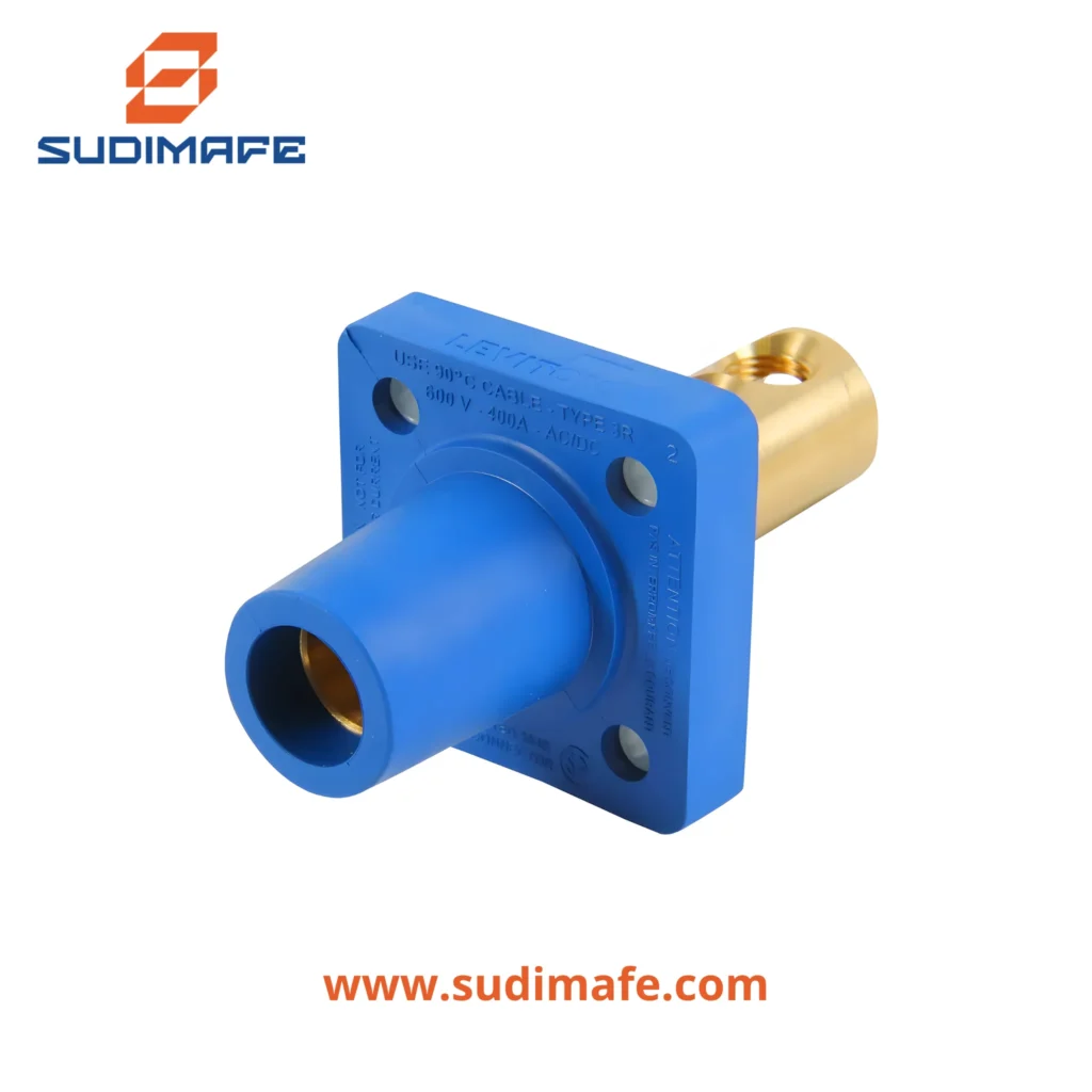 Toma empotrable CAM Type Female Leviton 400A 600V color azul para cable 2/0 a 4/0 AWG con doble perno