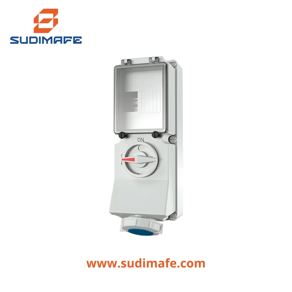 Toma visible industrial MENNEKES 16A 2P+T 250V azul 6H IP67 con interruptor y enclavamiento mecánico