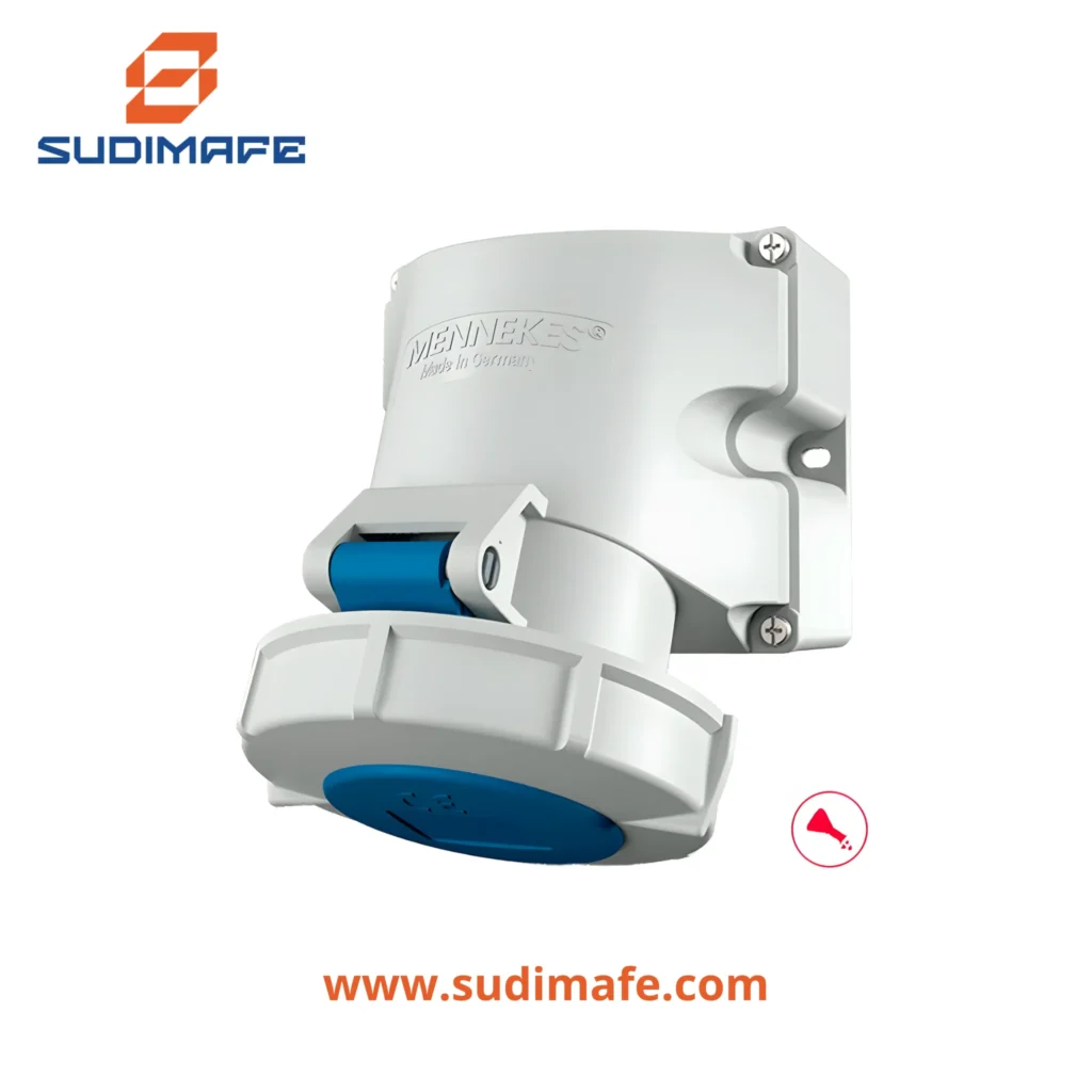 Toma visible MENNEKES 32A 3P+T 250V azul 9H IP67 para instalaciones industriales