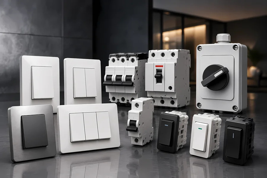 Tipos de interruptores eléctricos industriales y residenciales para instalaciones eléctricas seguras.