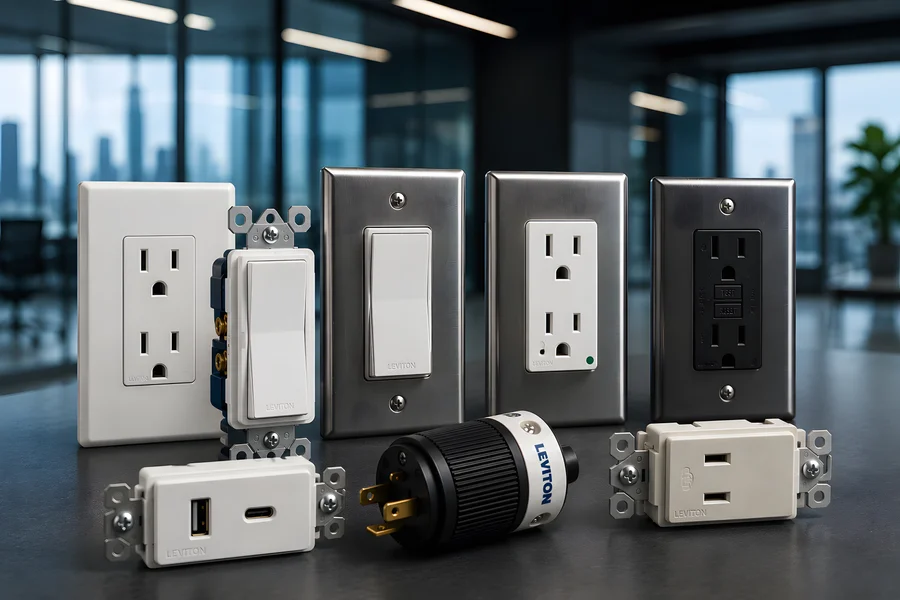 Productos eléctricos Leviton como interruptores, tomacorrientes y conectores para instalaciones profesionales