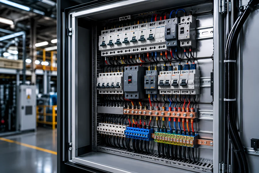 Tablero eléctrico seguro y eficiente con interruptores termomagnéticos, protección diferencial y cableado organizado en una instalación industrial.