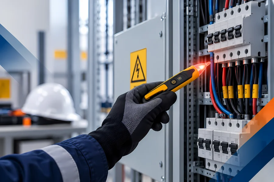 Detector de tensión sin contacto utilizado para verificar un tablero eléctrico industrial